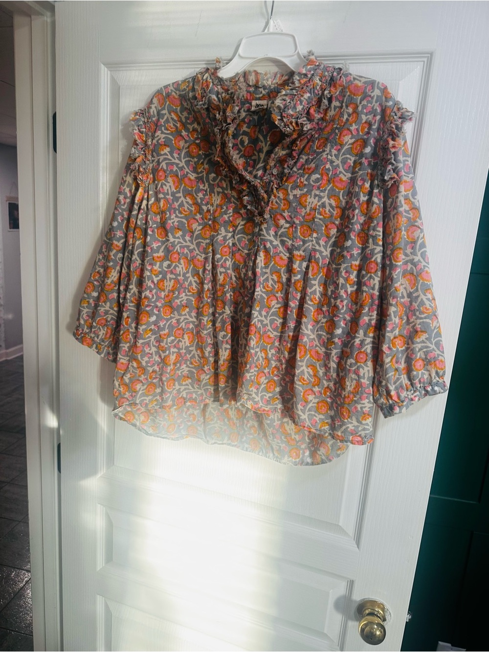 ivy jane Floral Ruffle Neck Blouse - Gray with Pink & Orange Flowers